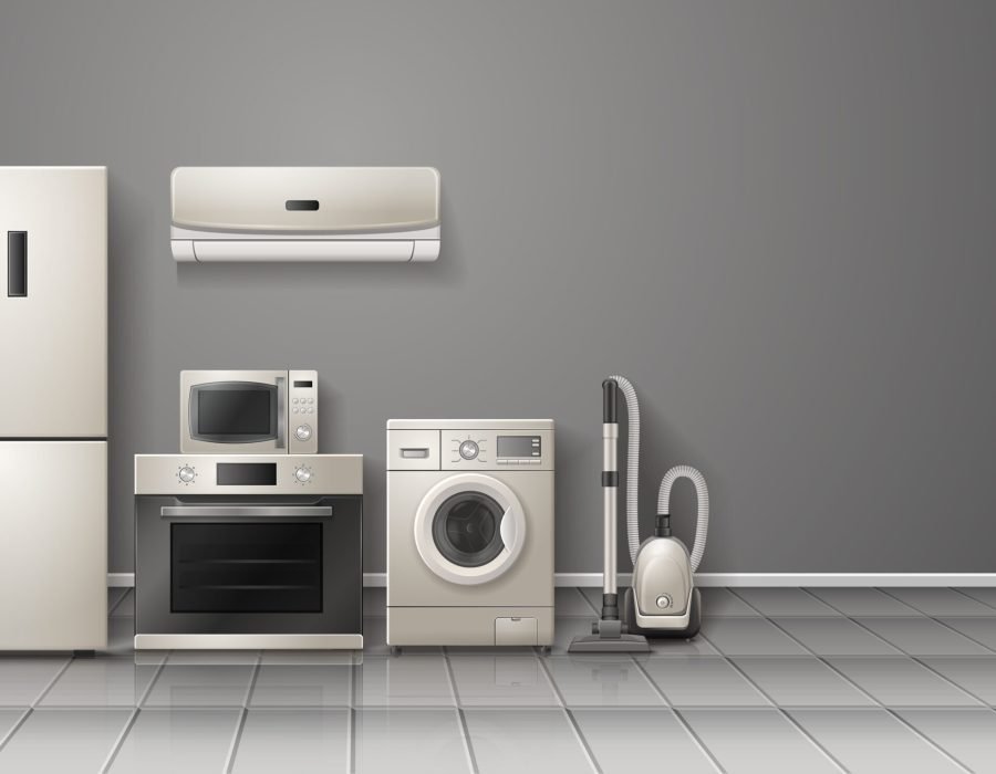 Household appliances realistic monochrome relocation image with refrigerator washing machine vacuum cleaner stove kitchen hood vector illustration